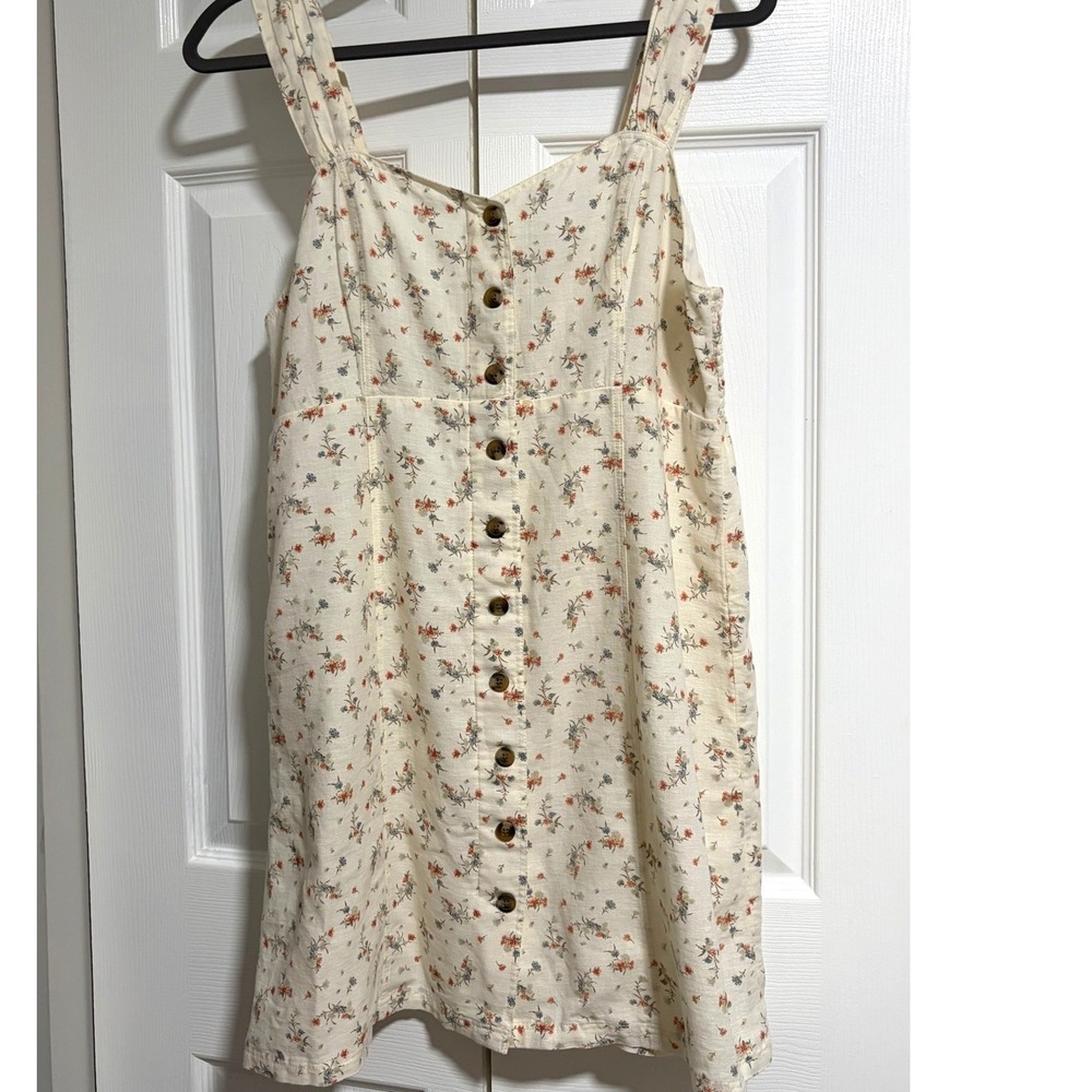 American Eagle Floral Button Front Mini Dress Cream Linen Blend Smocked Back M